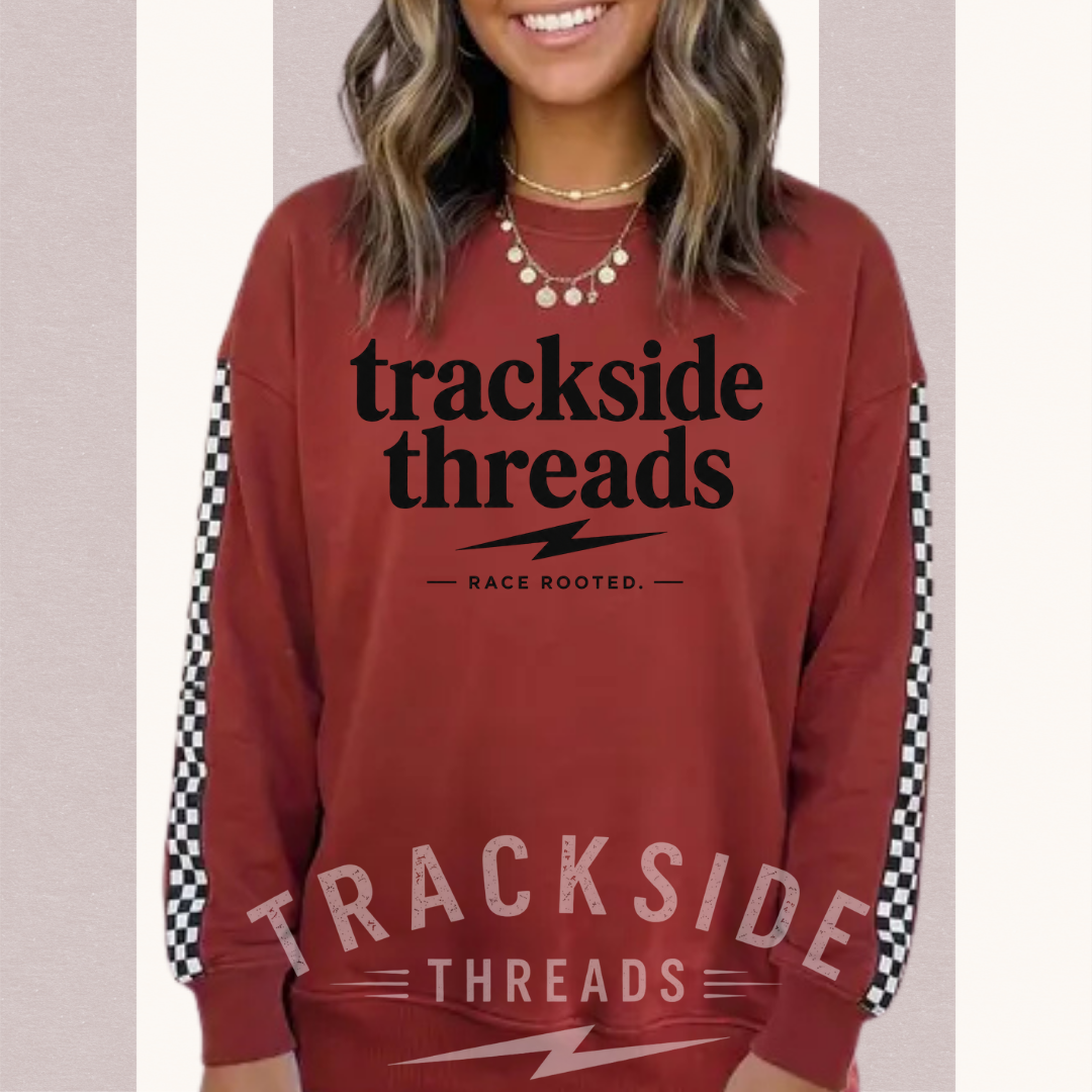 Trendy Trackside checkered drop shoulder crewneck