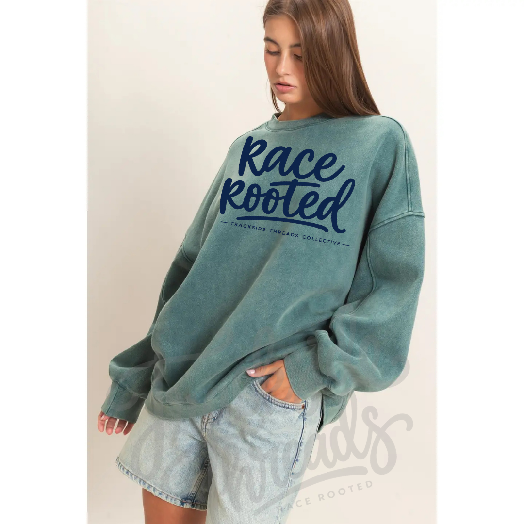Race rooted vintage wash crew— teal